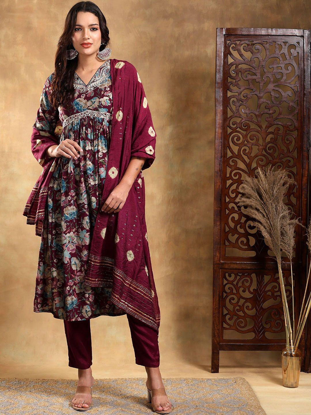 baesd women mauve ethnic motifs embroidered pleated kurta with trousers & with dupatta