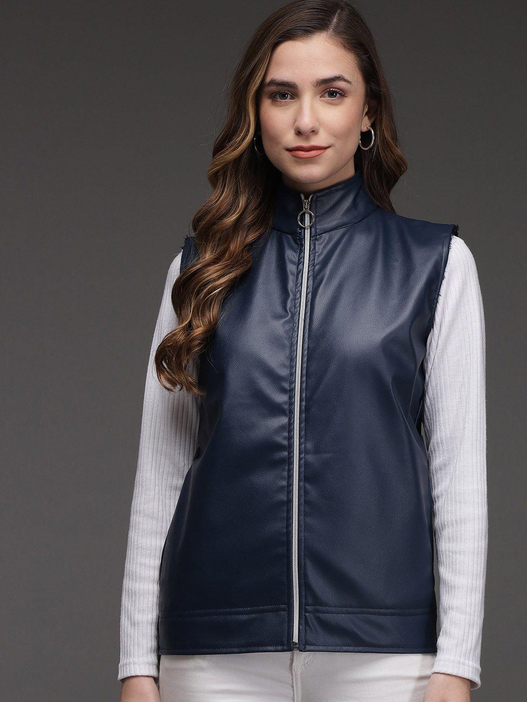 baesd women navy blue biker jacket