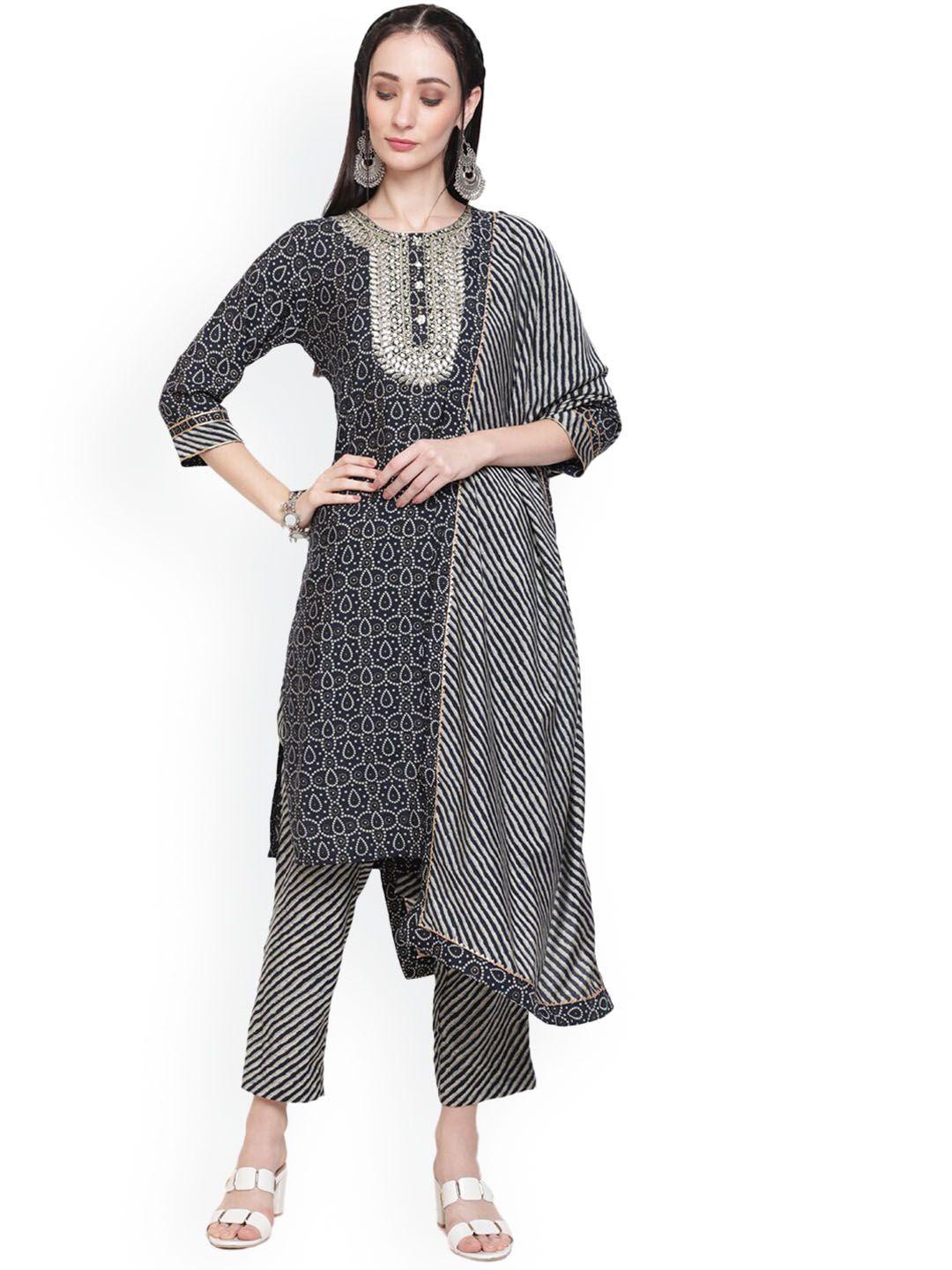 baesd women navy blue floral embroidered regular raw silk kurti with pyjamas & with dupatta