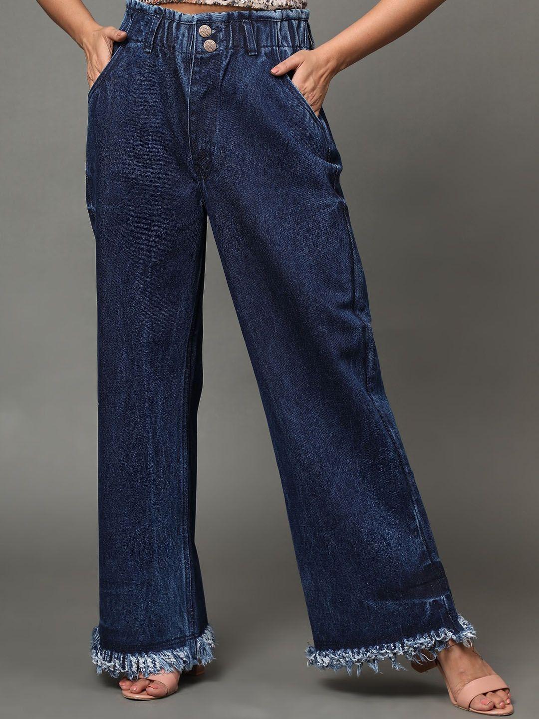 baesd women navy blue jean wide leg high-rise jeans