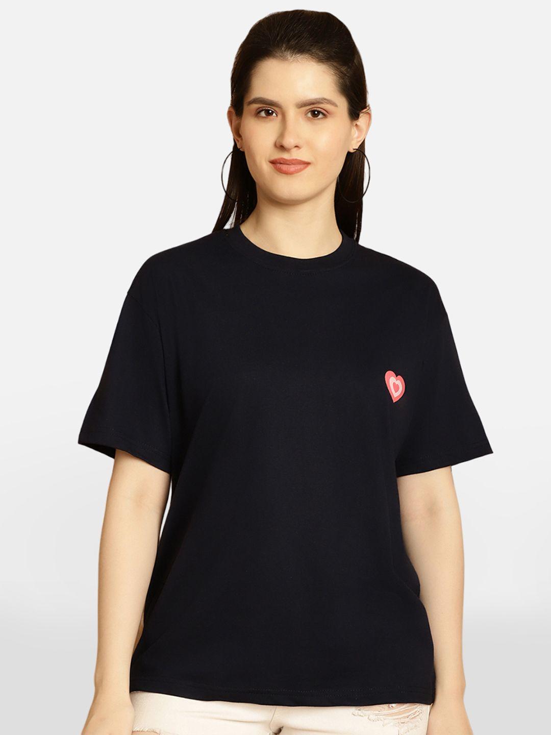 baesd women navy blue printed drop-shoulder sleeves t-shirt