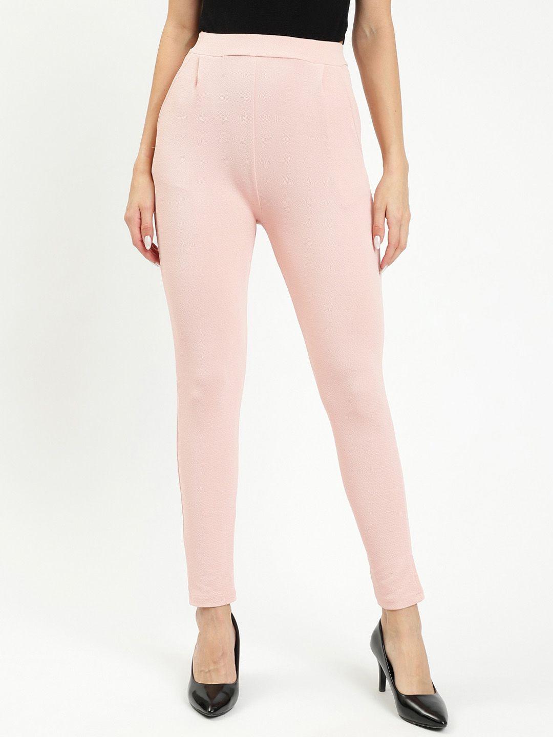 baesd women peach-coloured slim fit wrinkle free trousers