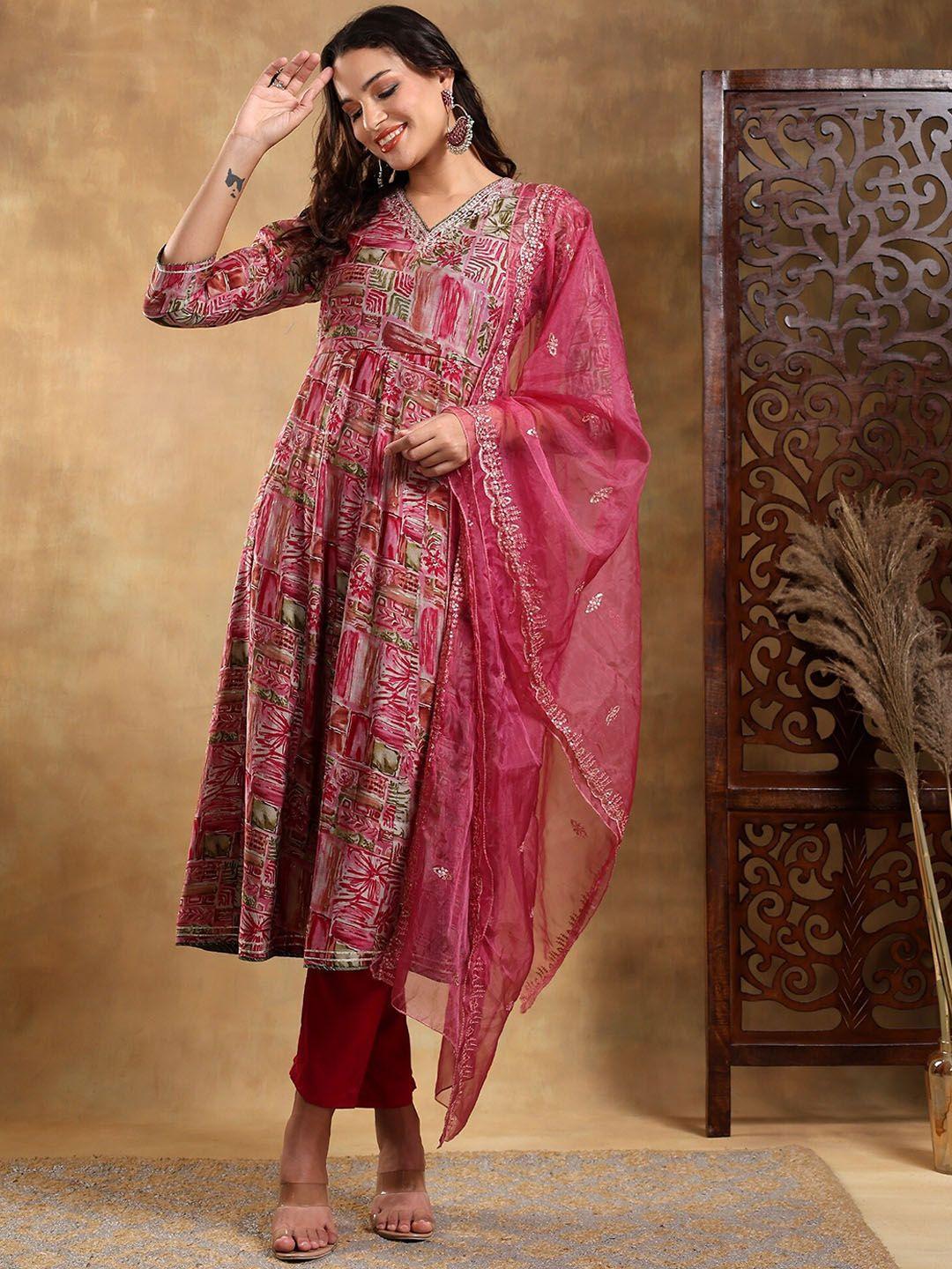 baesd women pink ethnic motifs embroidered regular kurta with trousers & with dupatta