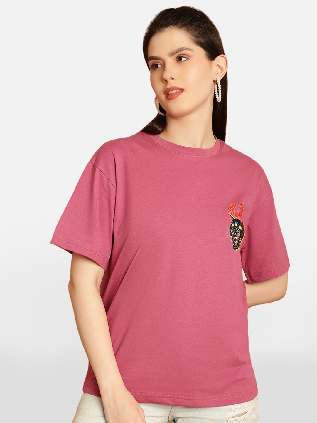 baesd women pink printed drop-shoulder sleeves t-shirt