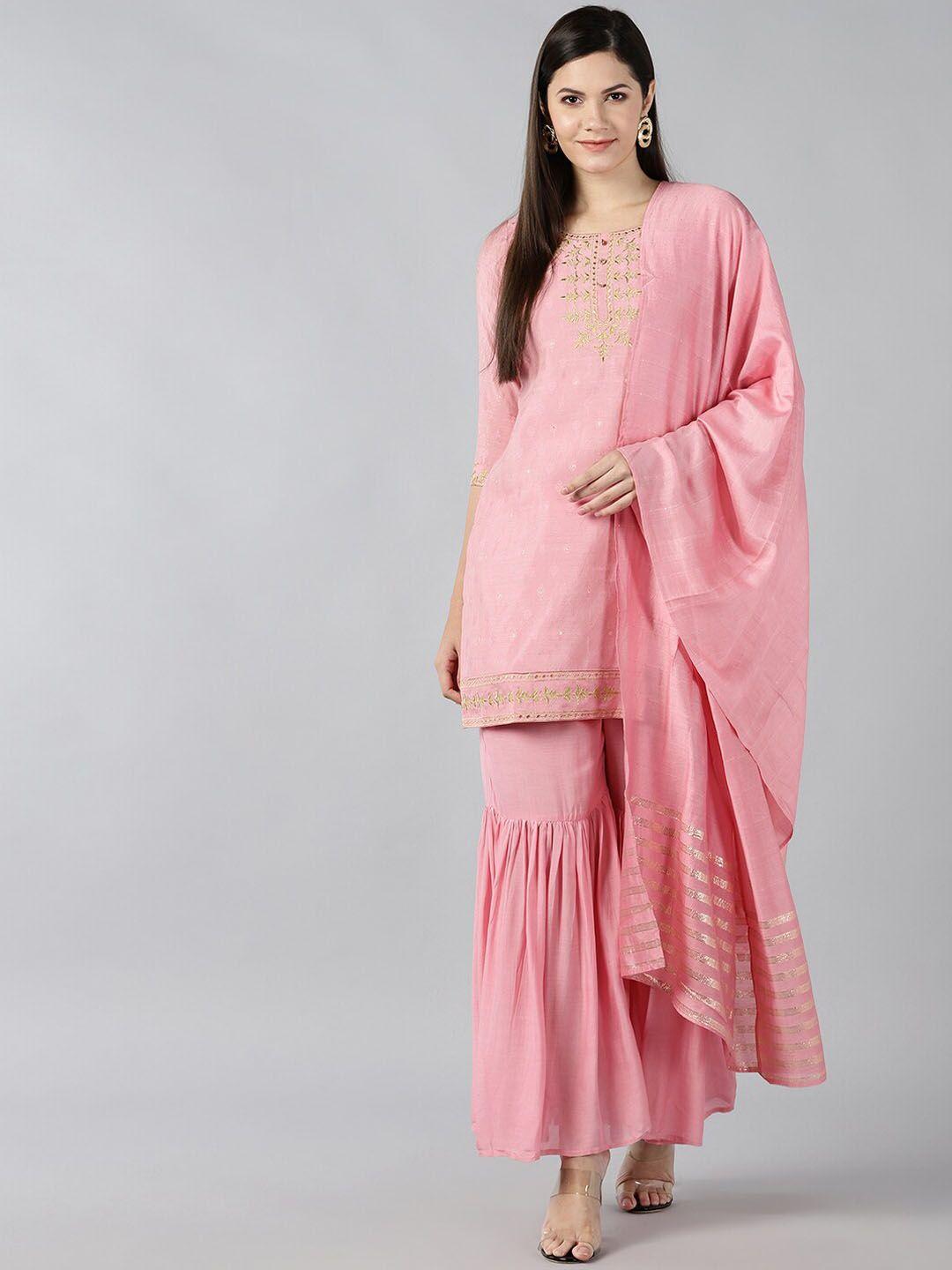baesd women pink regular chanderi cotton kurta with sharara & with dupatta