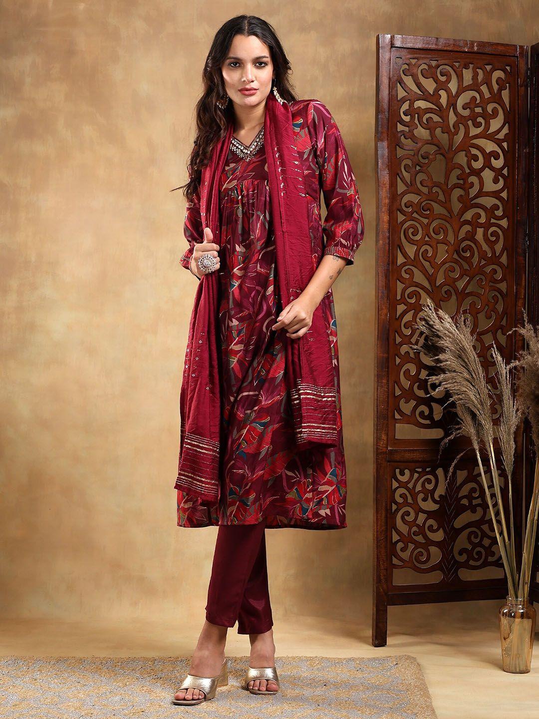 baesd women purple ethnic motifs embroidered pleated kurta with trousers & with dupatta