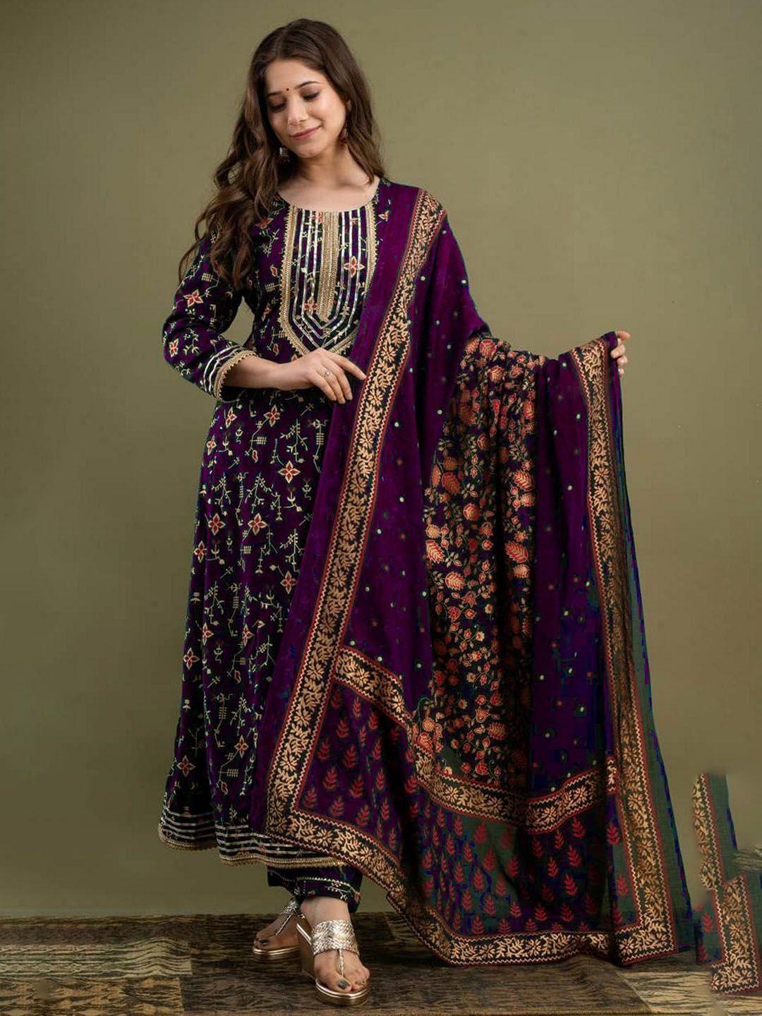 baesd women purple floral printed pleated gotta patti kurta with trousers & with dupatta