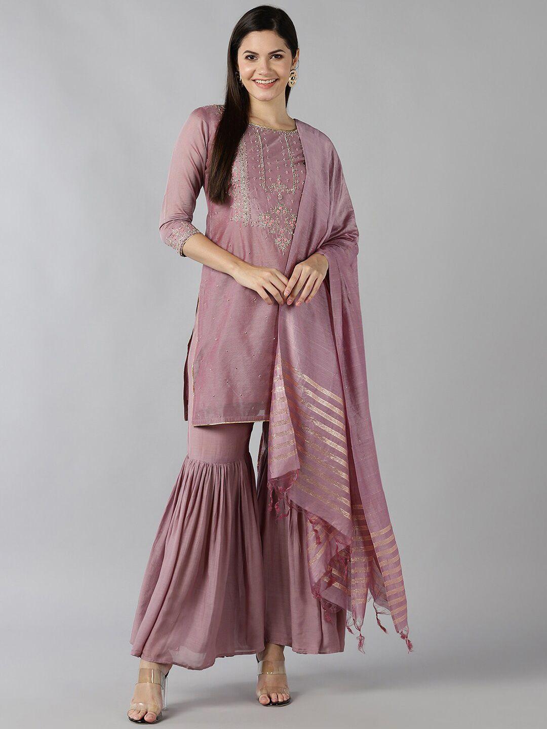baesd women purple regular chanderi cotton kurta with sharara & with dupatta