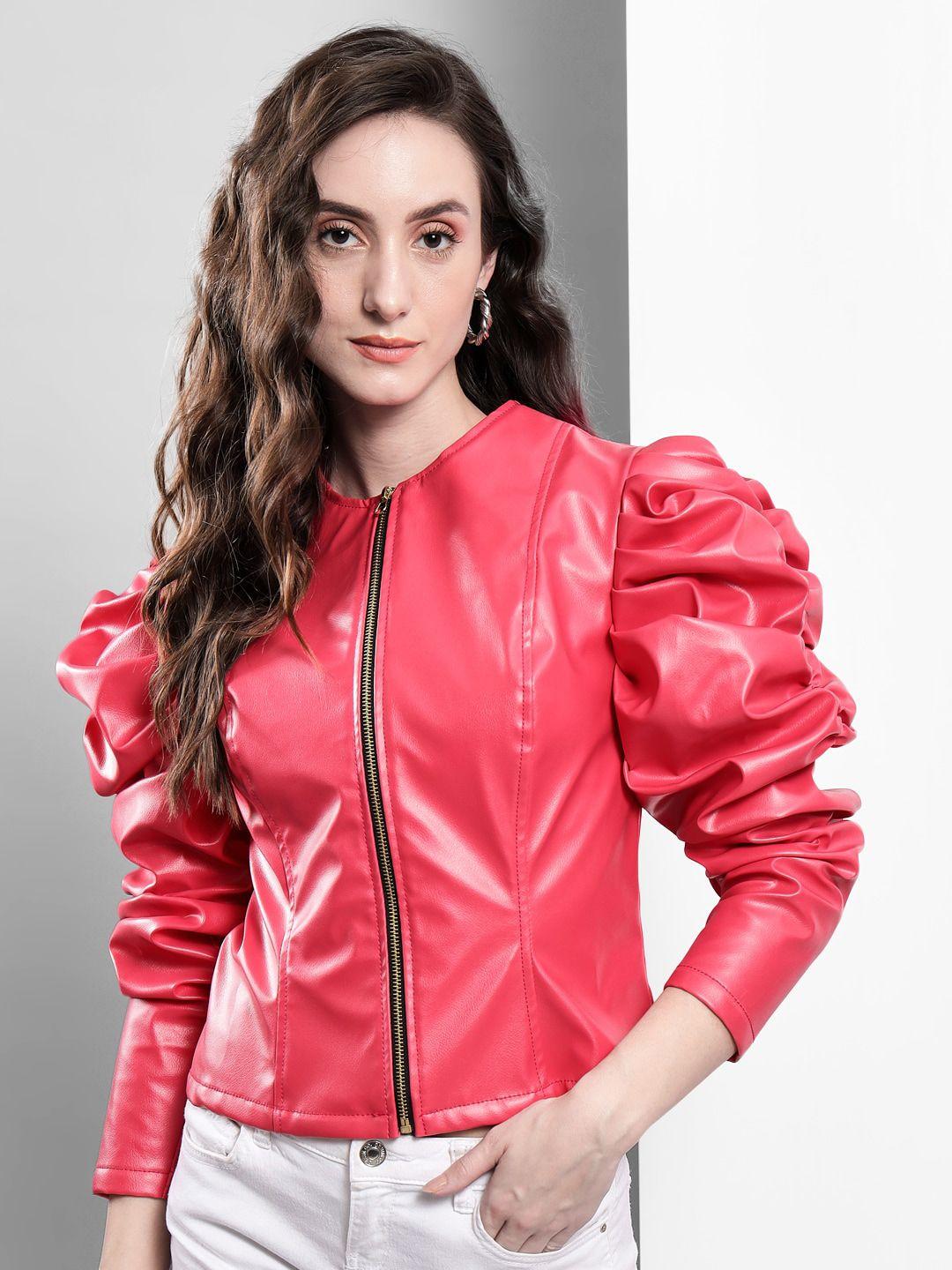 baesd women red crop biker jacket