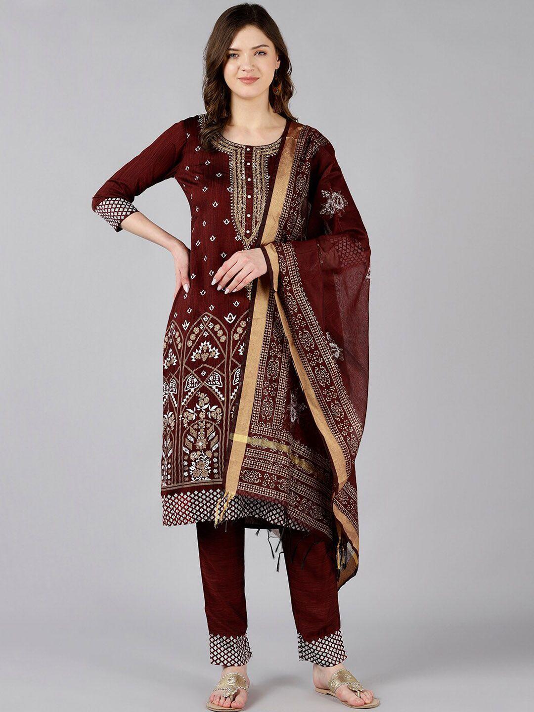 baesd women red regular chanderi cotton kurta with trousers & with dupatta