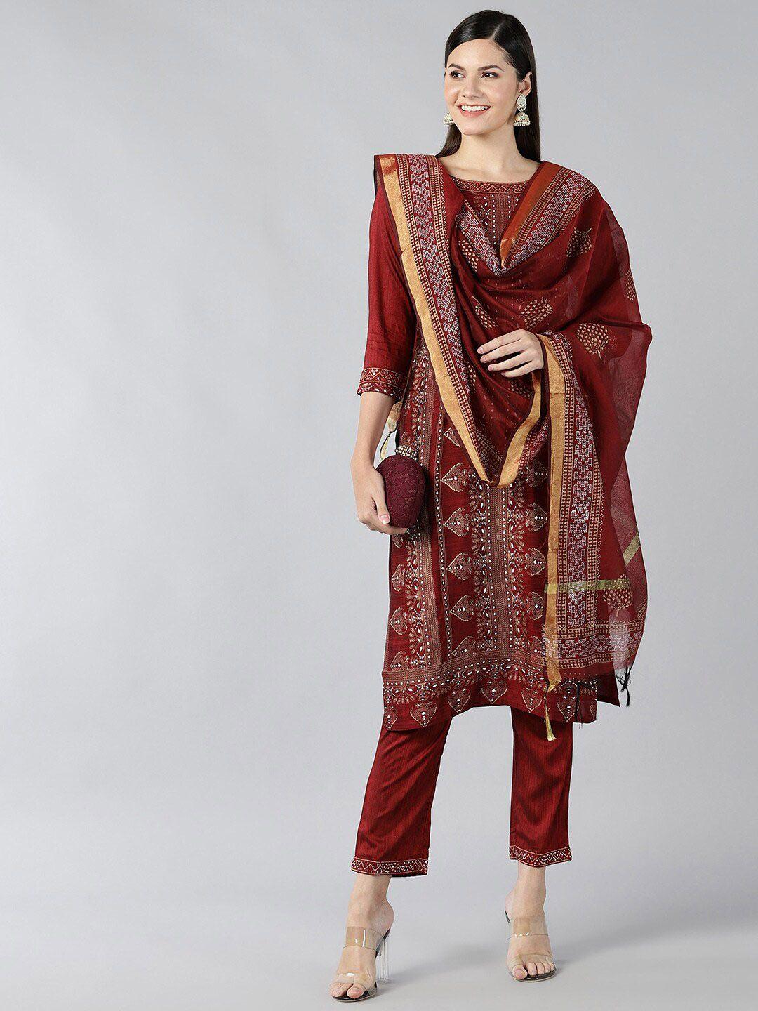 baesd women red regular kurta with trousers & with dupatta