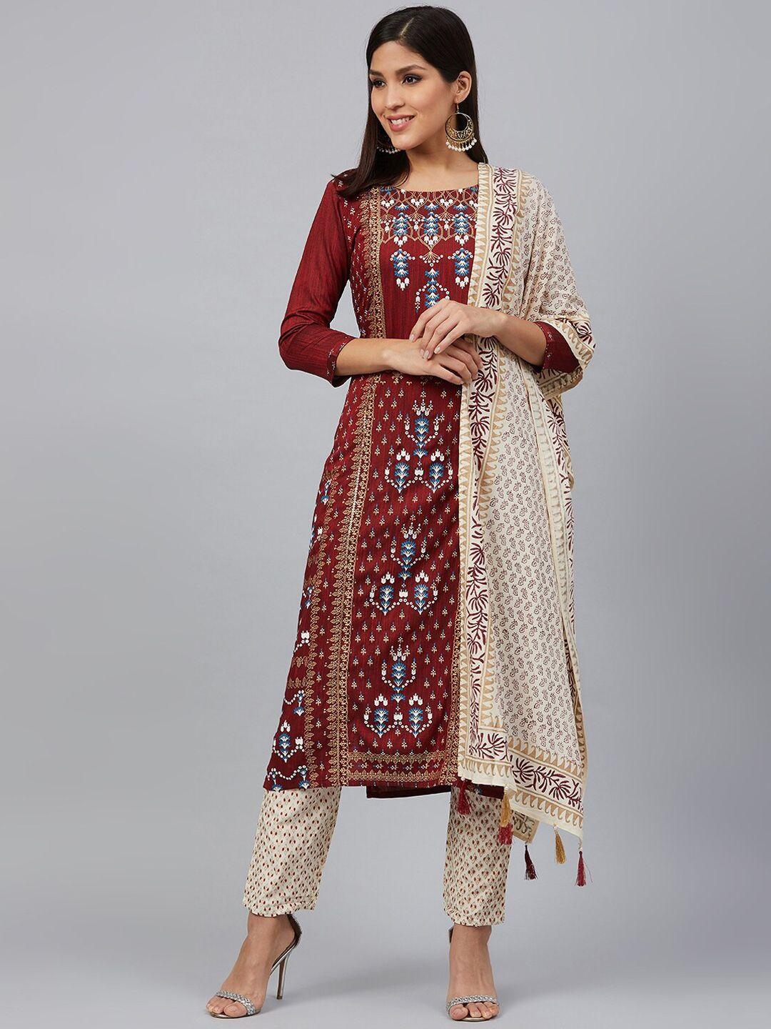 baesd women red regular liva kurta with trousers & with dupatta