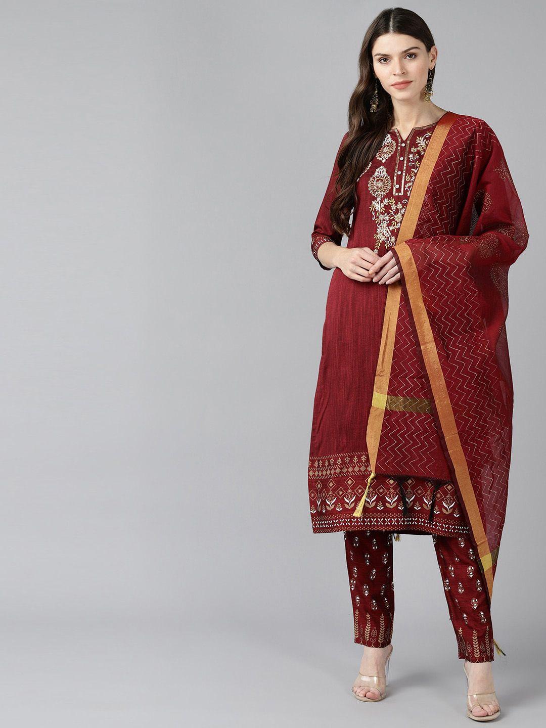 baesd women red regular liva kurta with trousers & with dupatta