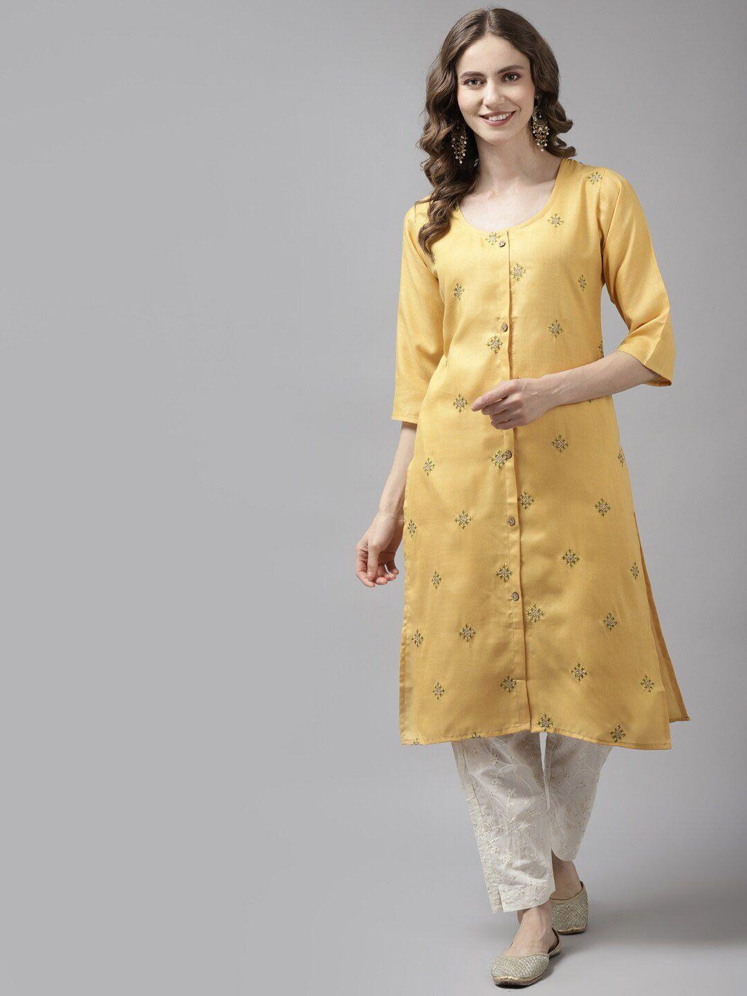 baesd women yellow embellished keyhole neck flared sleeves mirror work handloom kurta