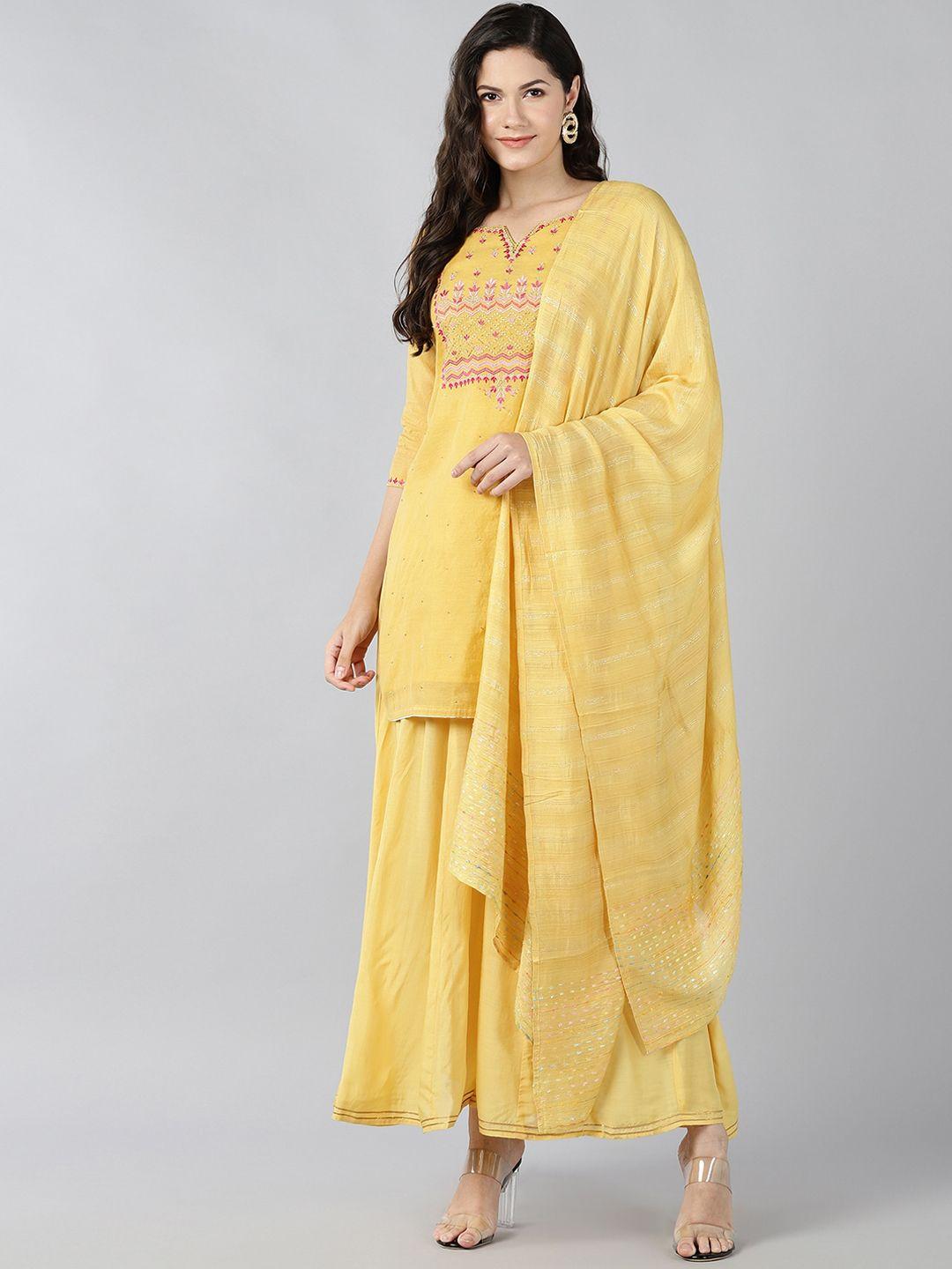 baesd women yellow regular chanderi cotton kurta with sharara & with dupatta
