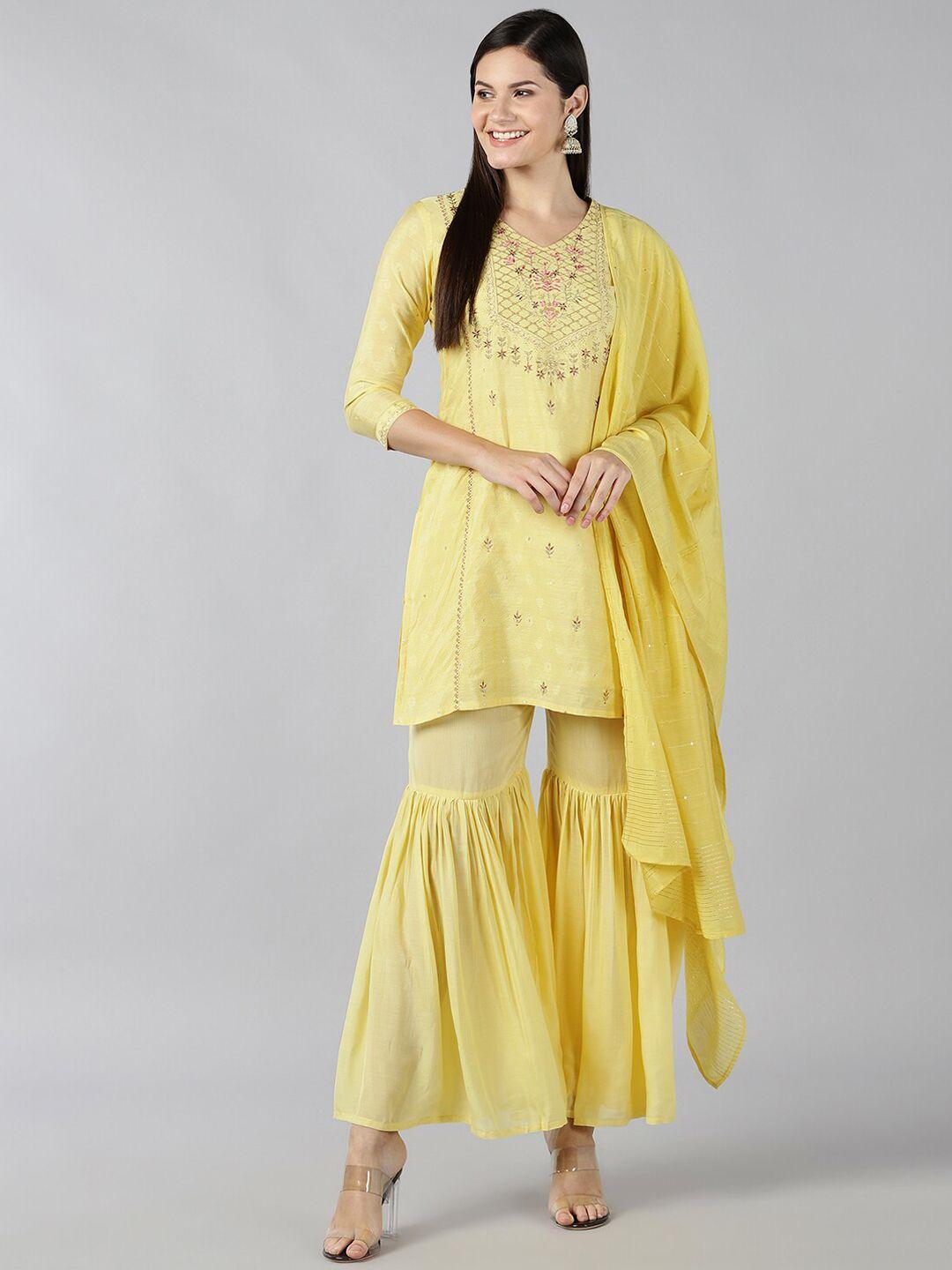 baesd women yellow regular chanderi cotton kurta with sharara & with dupatta
