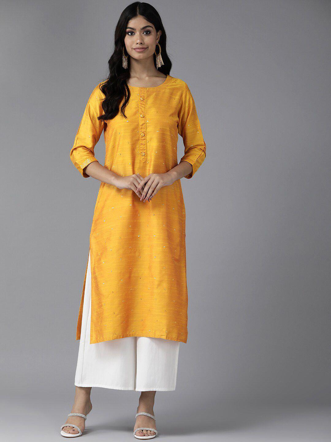 baesd woven design round sequins neck cotton straight kurta