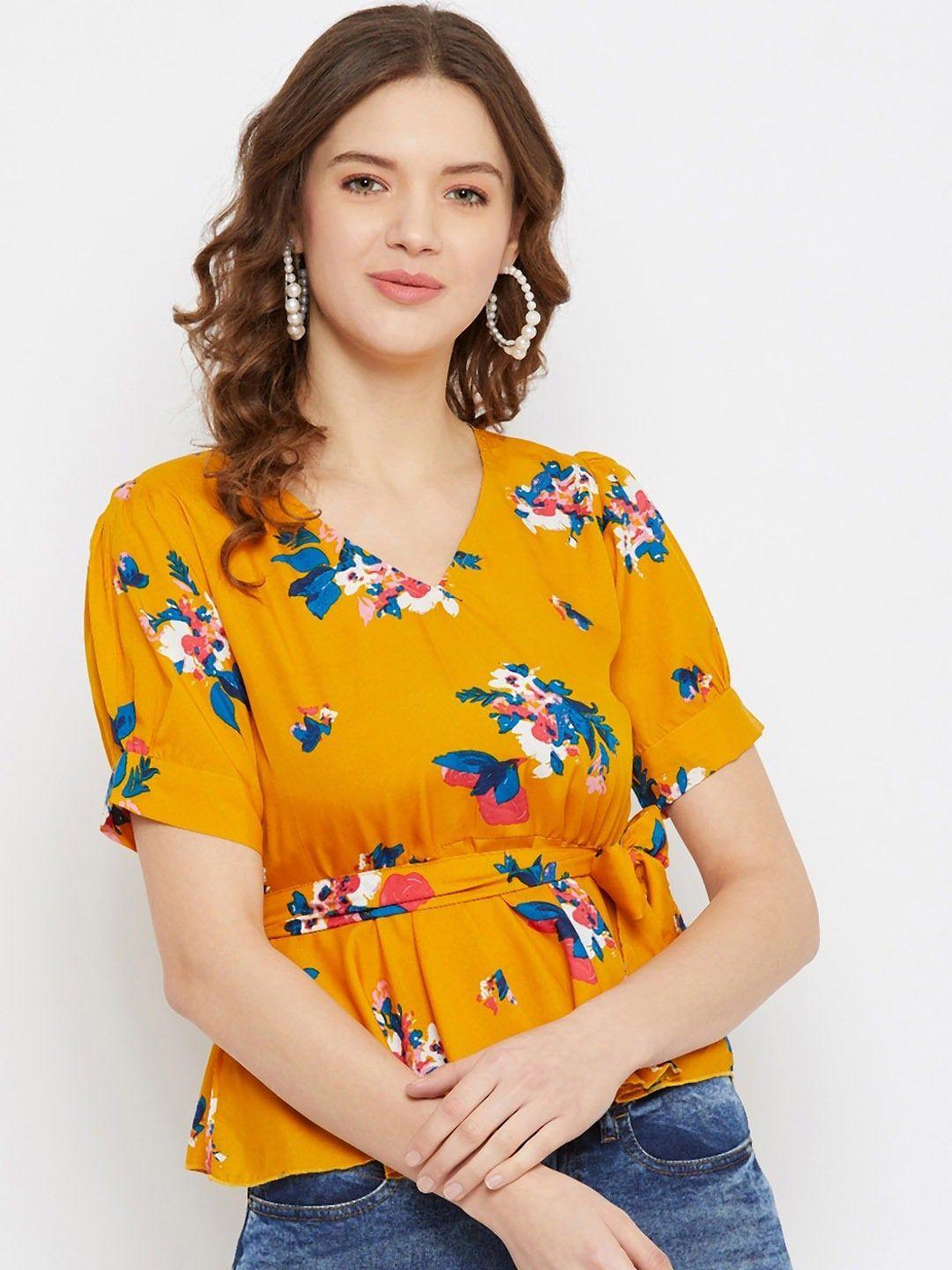 baesd yellow floral print extended sleeves crepe cinched waist top