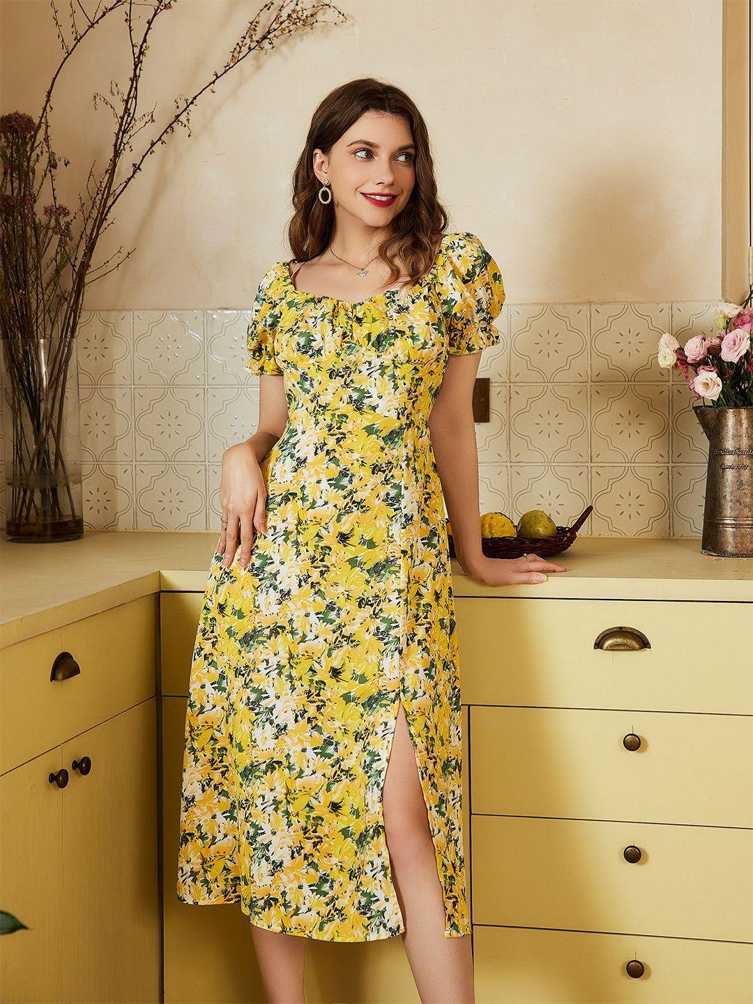 baesd yellow floral print puff sleeve crepe a-line dress