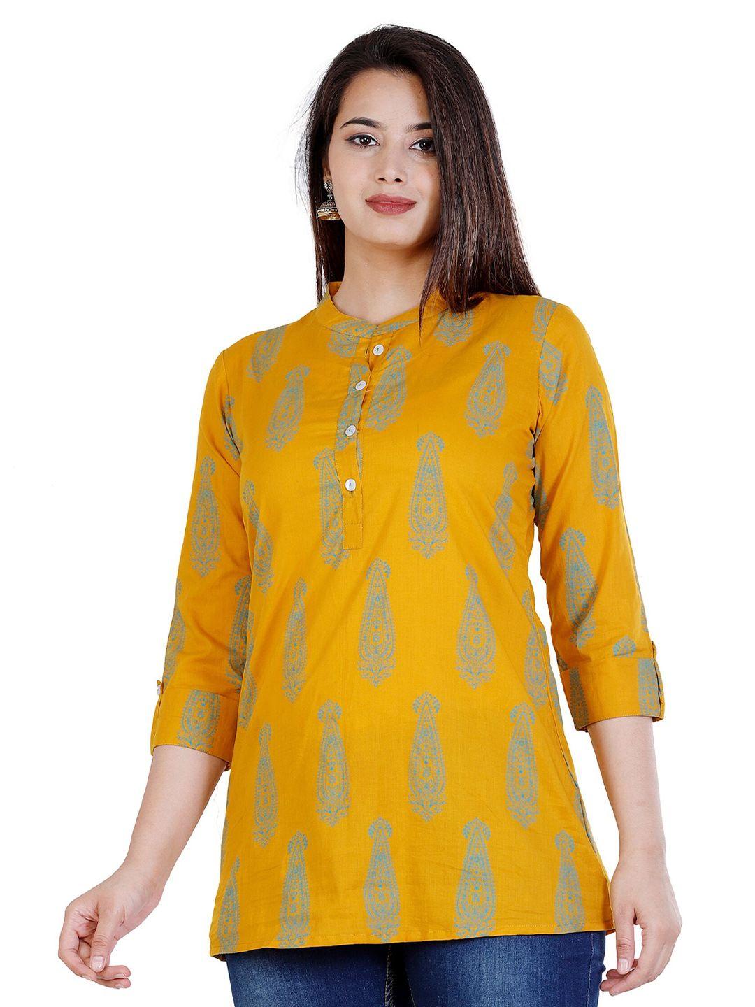 baesd yellow print mandarin collar cotton top