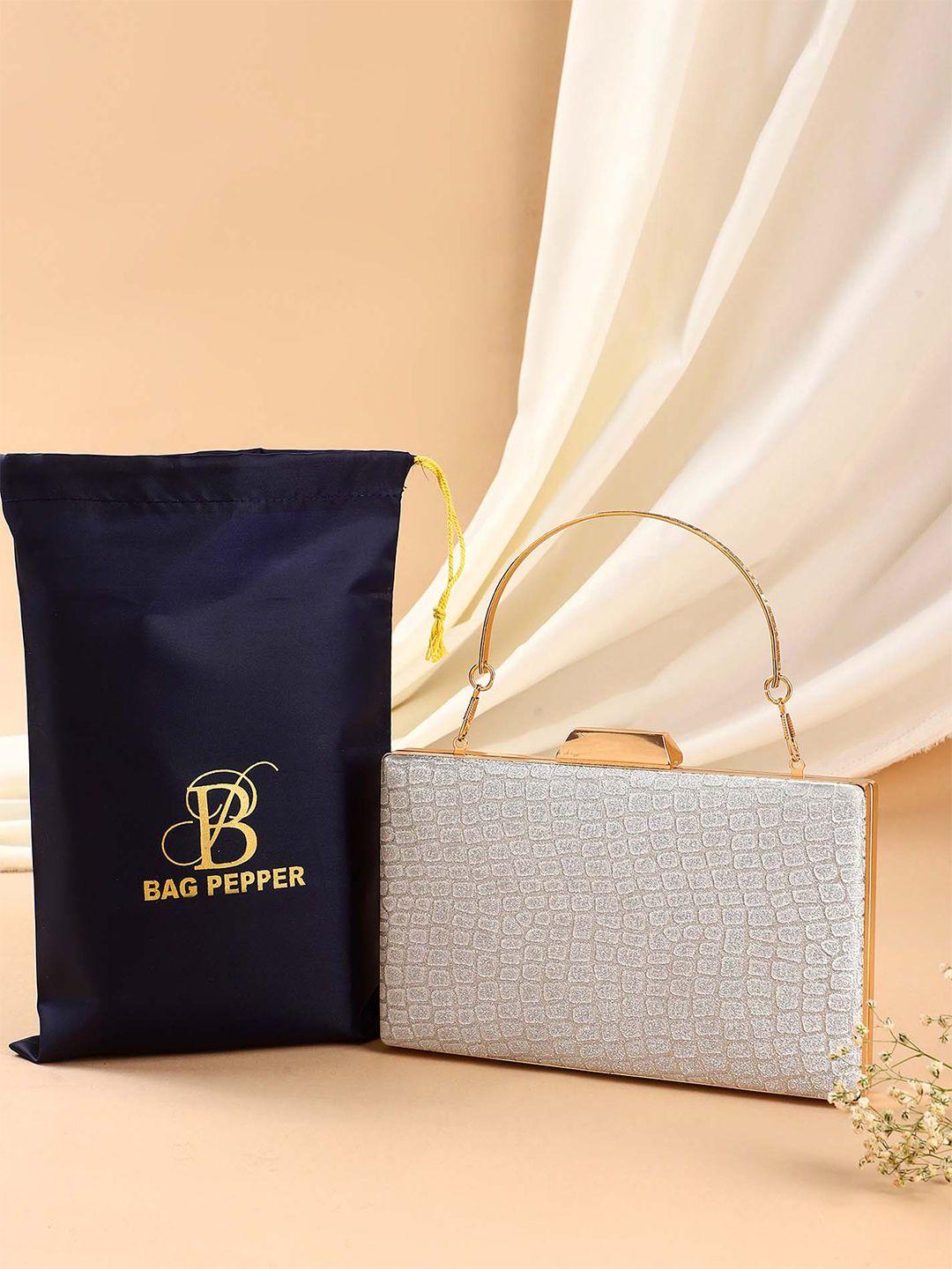 bag pepper grey & gold-toned textured box clutch