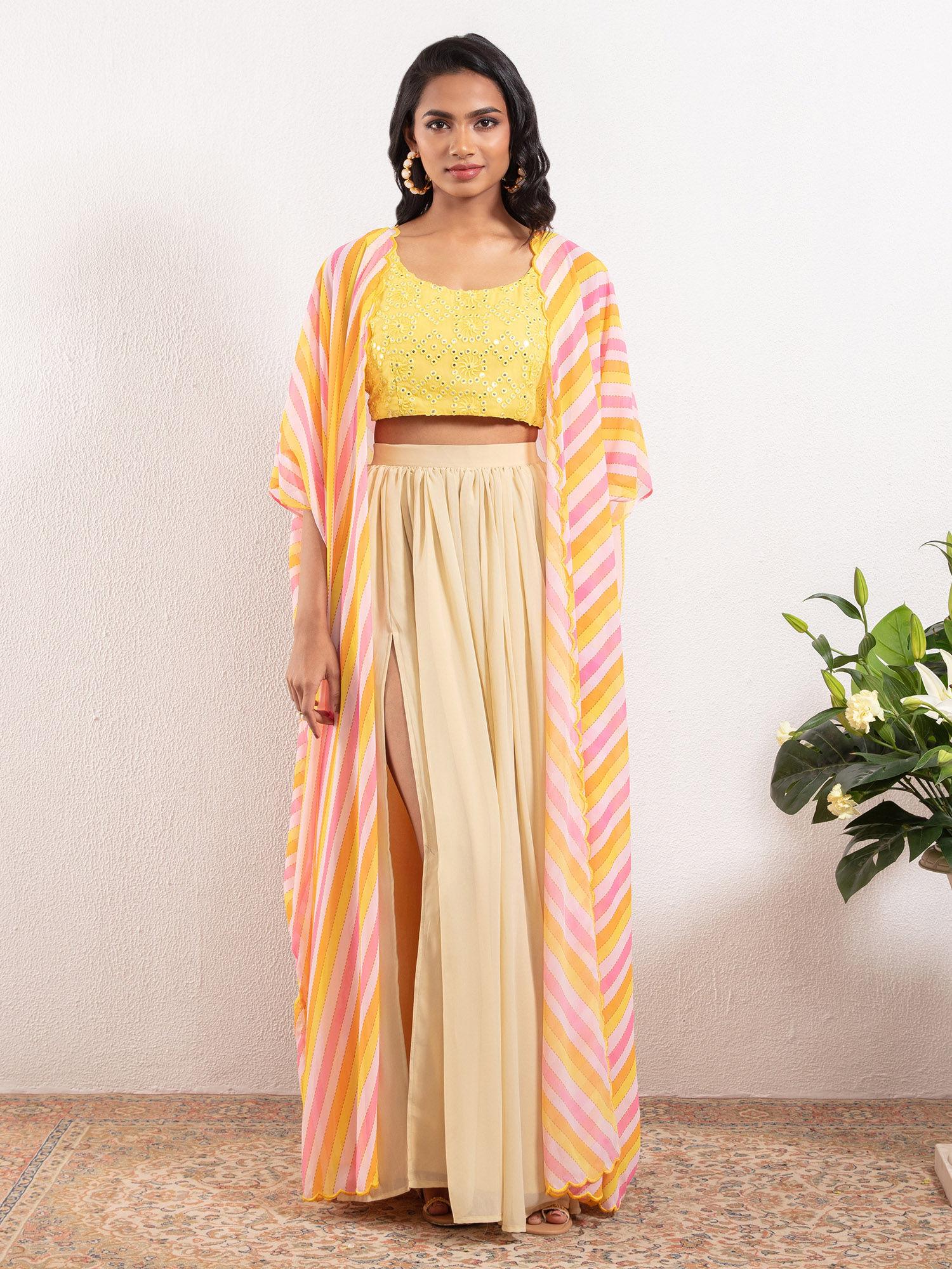 bageecha yellow embroidered crop top with skirt & shrug ggskd30 (set of 3)