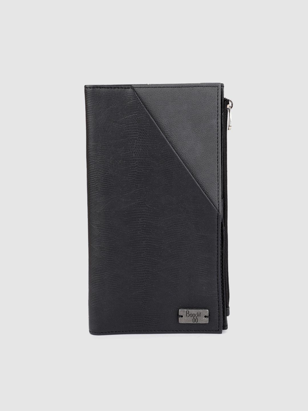 baggit men black & grey animal textured colourblocked two fold wallet