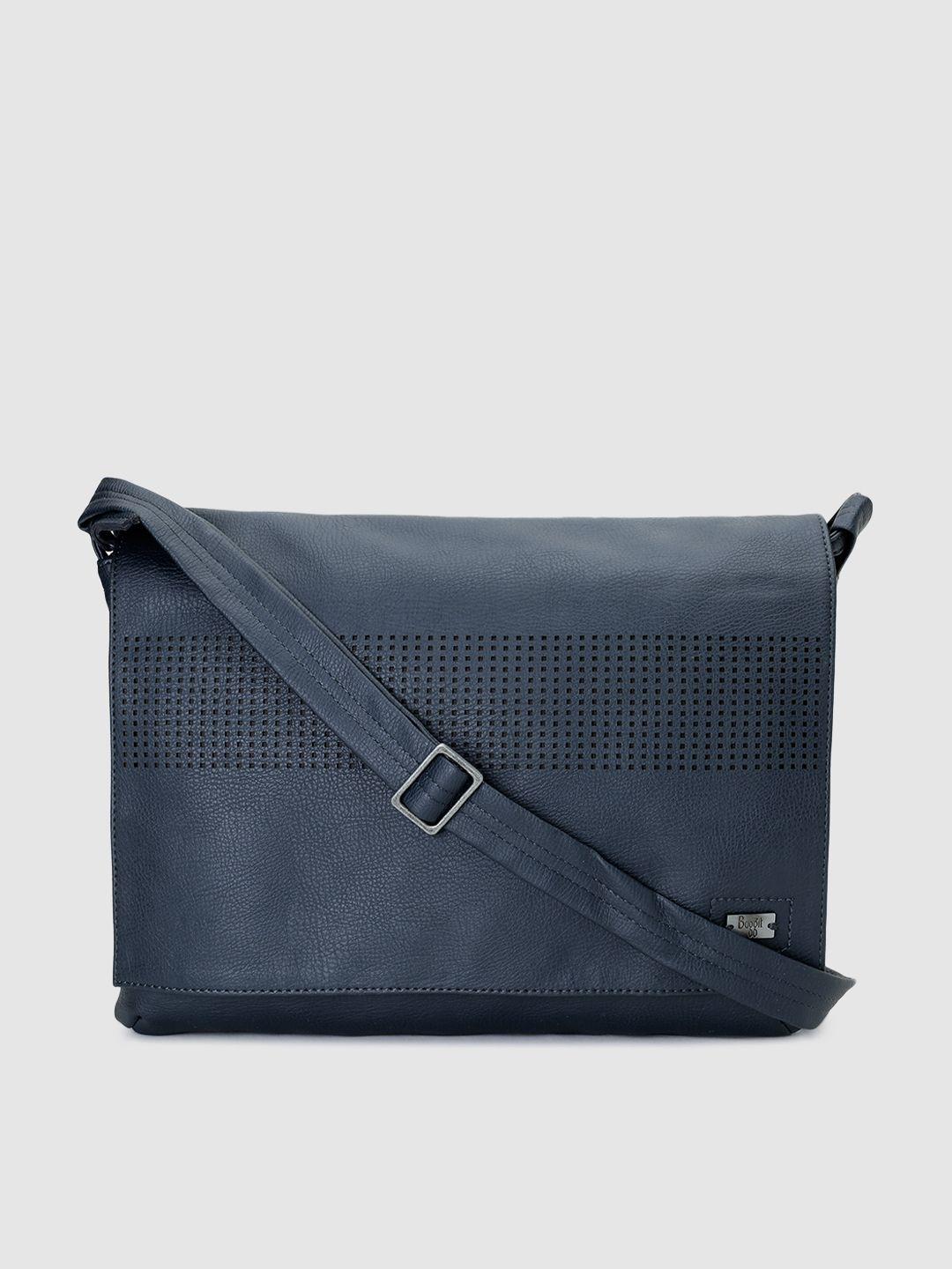 baggit men navy blue textured laptop messenger bag