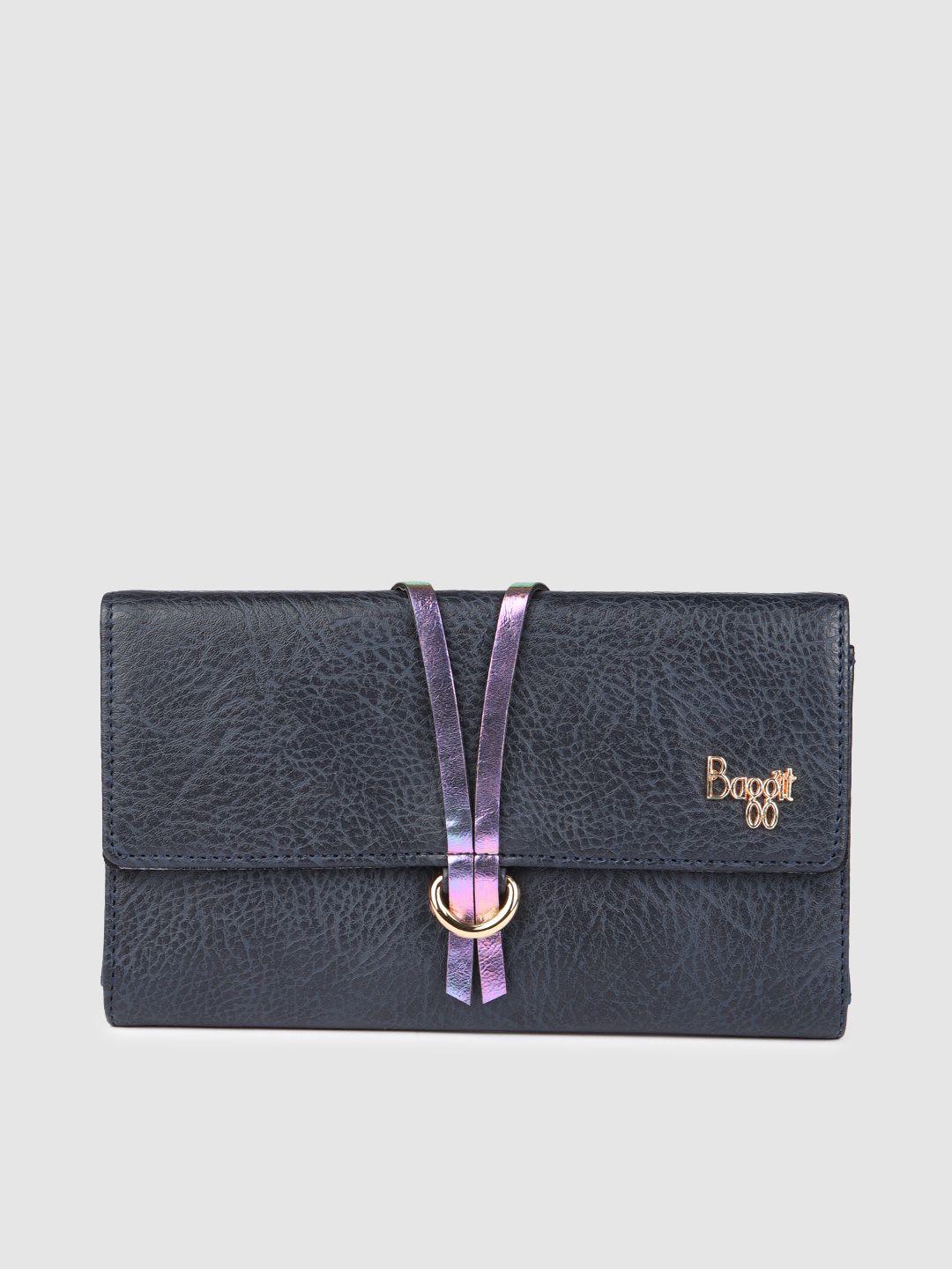baggit women blue solid synthetic leather three fold wallet