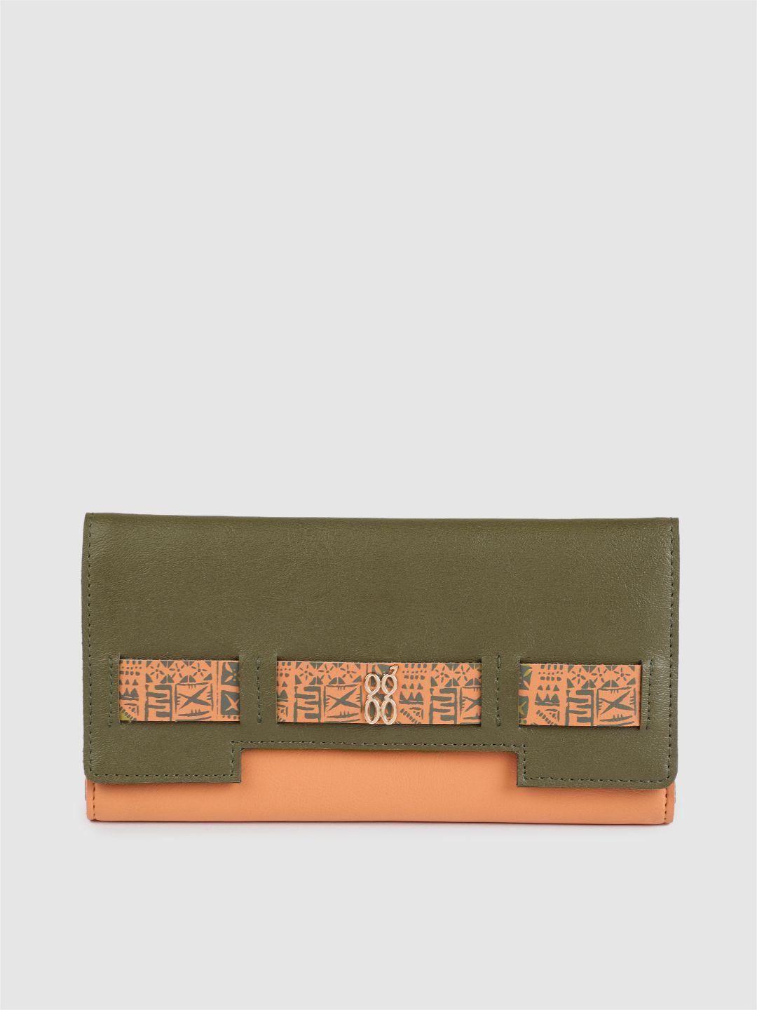baggit women olive green & peach-coloured solid three fold wallet