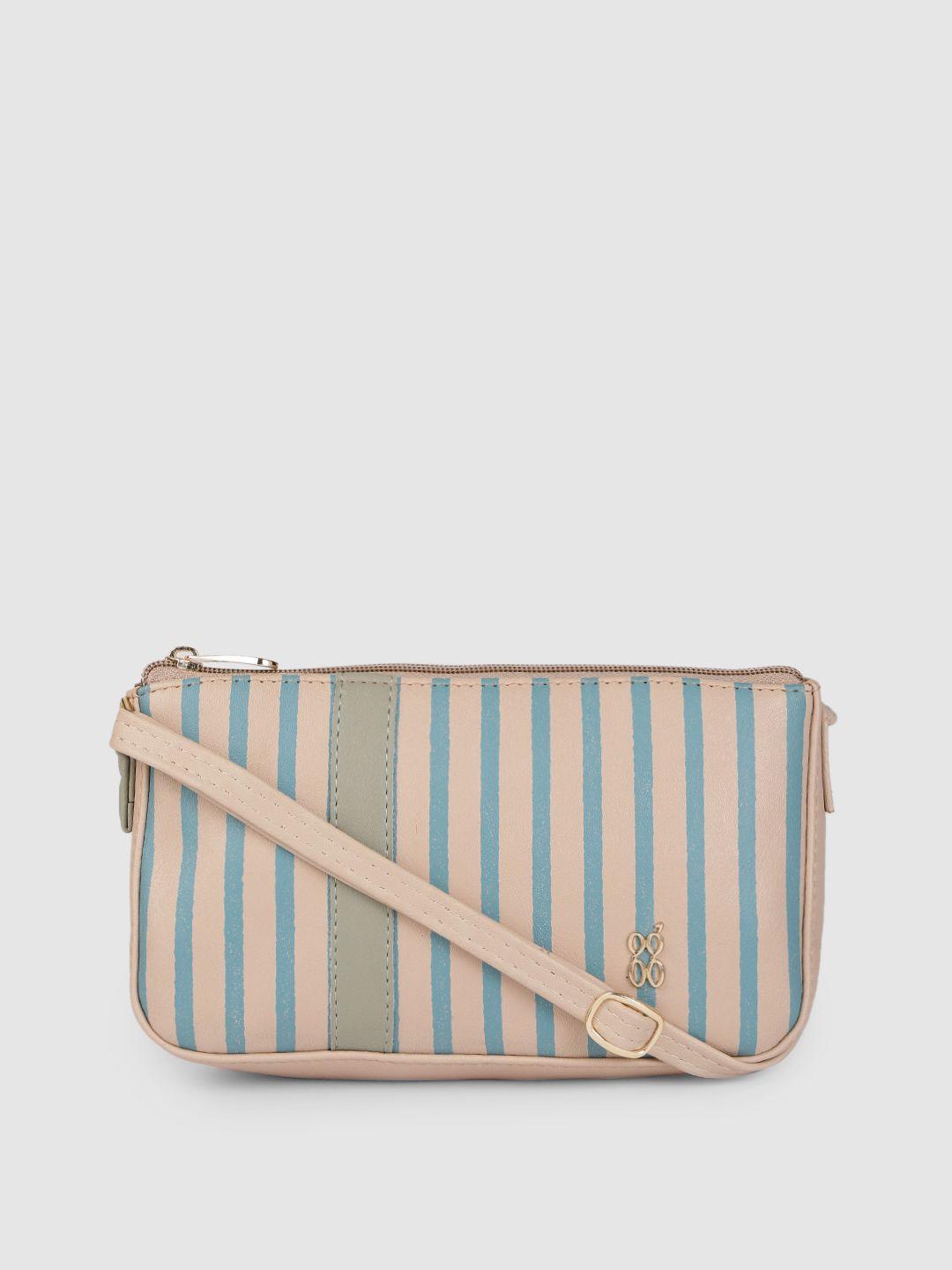 baggit beige & blue solid regular structured sling bag with striped detail