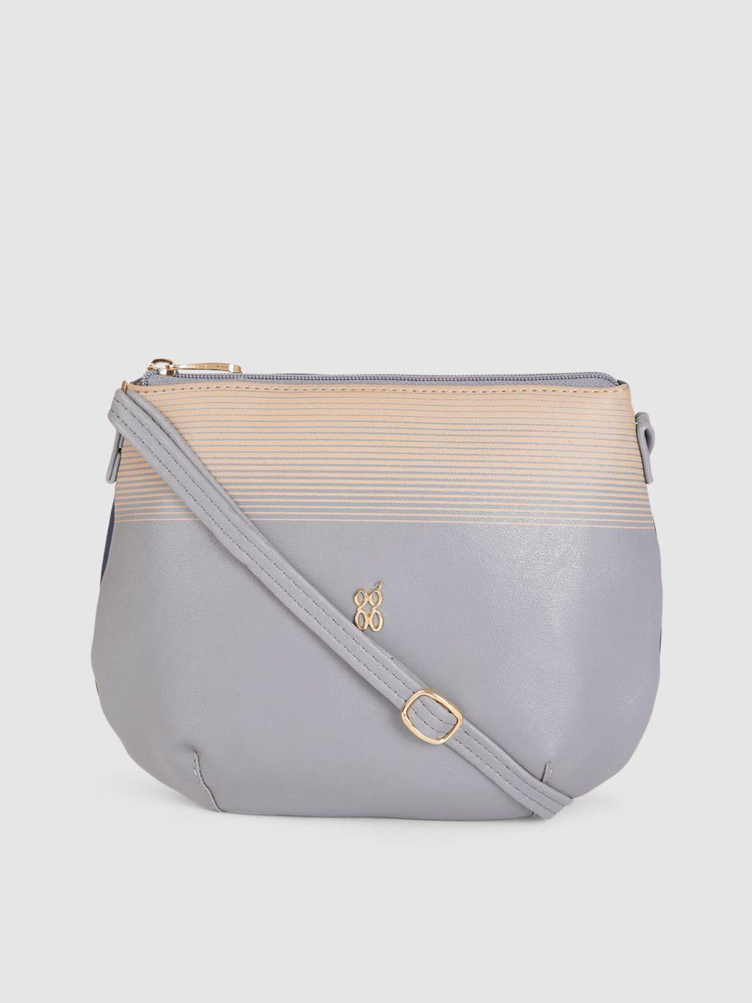 baggit grey & beige striped structured sling bag