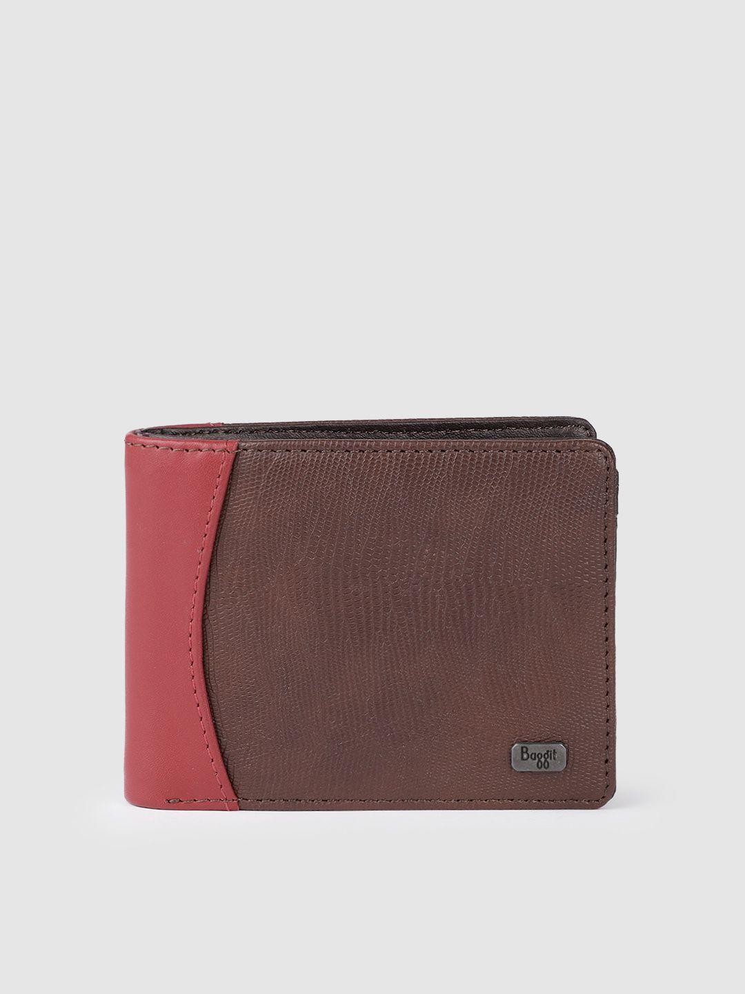 baggit men brown & red colourblocked pu two fold wallet