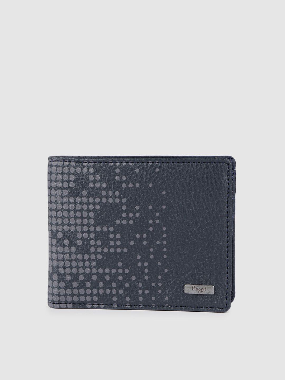 baggit men navy blue geometric printed two fold wallet