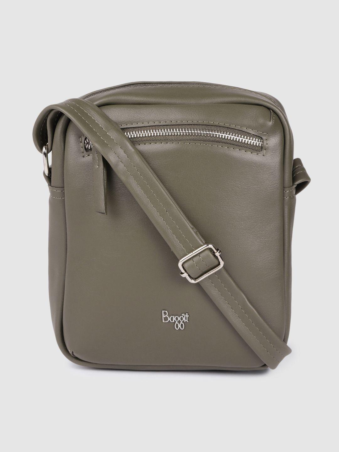 baggit men olive green solid structured sling bag