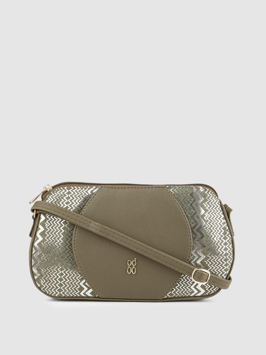 baggit olive green & silver chevron printed structured sling bag