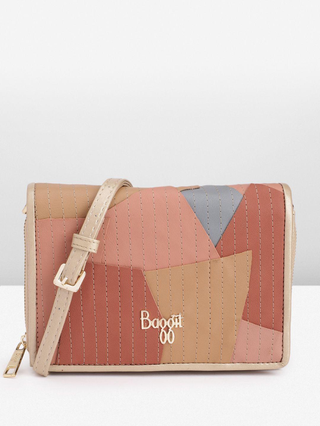 baggit self striped & colourblocked pu structured sling bag with patchwork detail