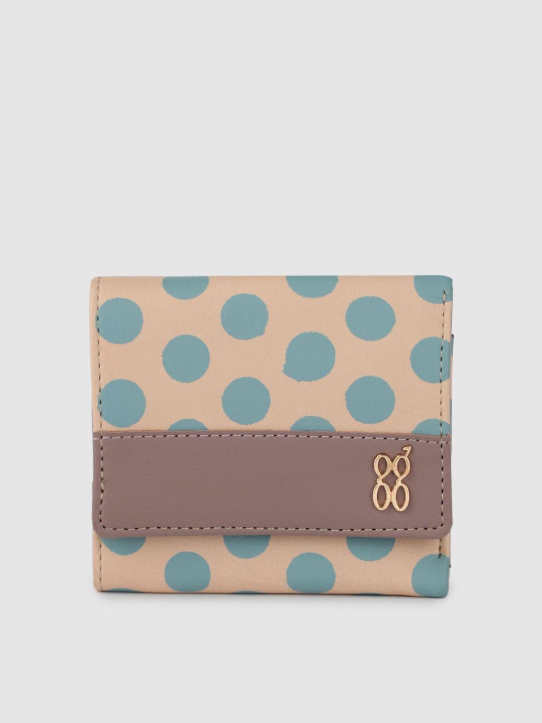 baggit women beige & teal blue polka dots print three fold wallet