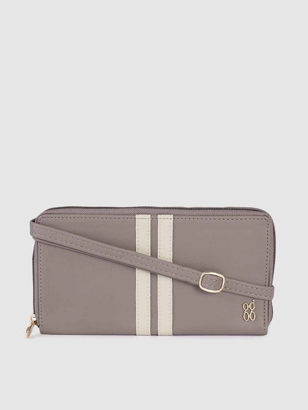 baggit women grey & beige striped detail zip around wallet