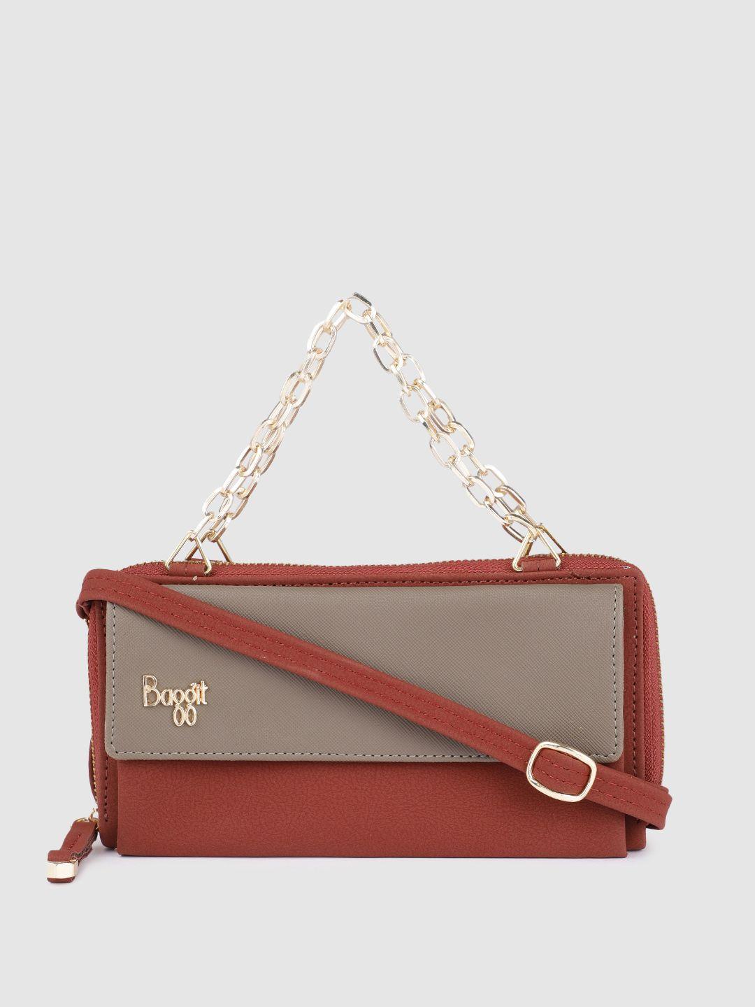 baggit women grey & rust colourblocked zip around wallet