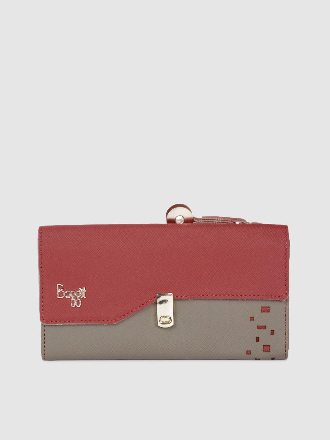 baggit women khaki & coral colourblocked three fold wallet