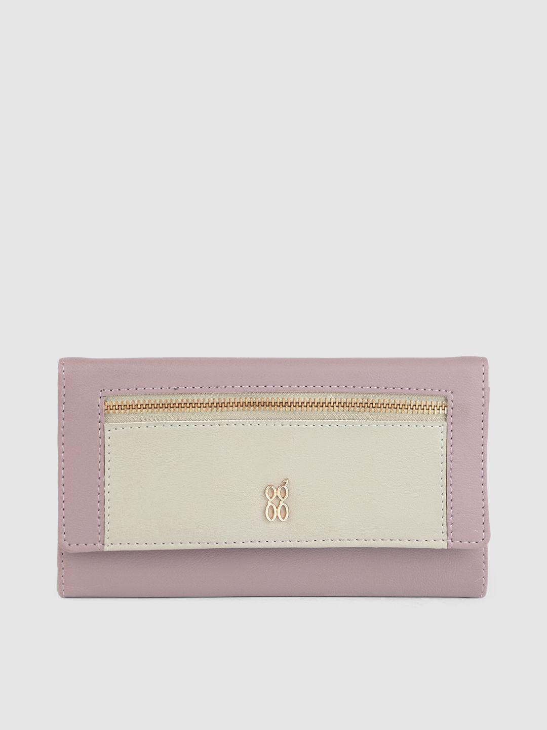 baggit women lavender & beige colourblocked zip detail envelope wallet