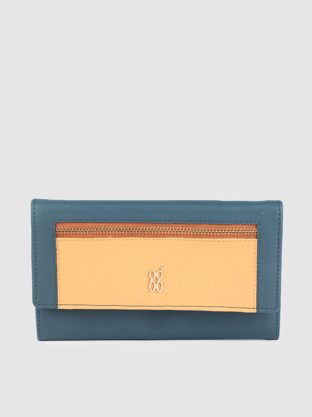 baggit women navy blue & yellow colourblocked zip detail envelope wallet