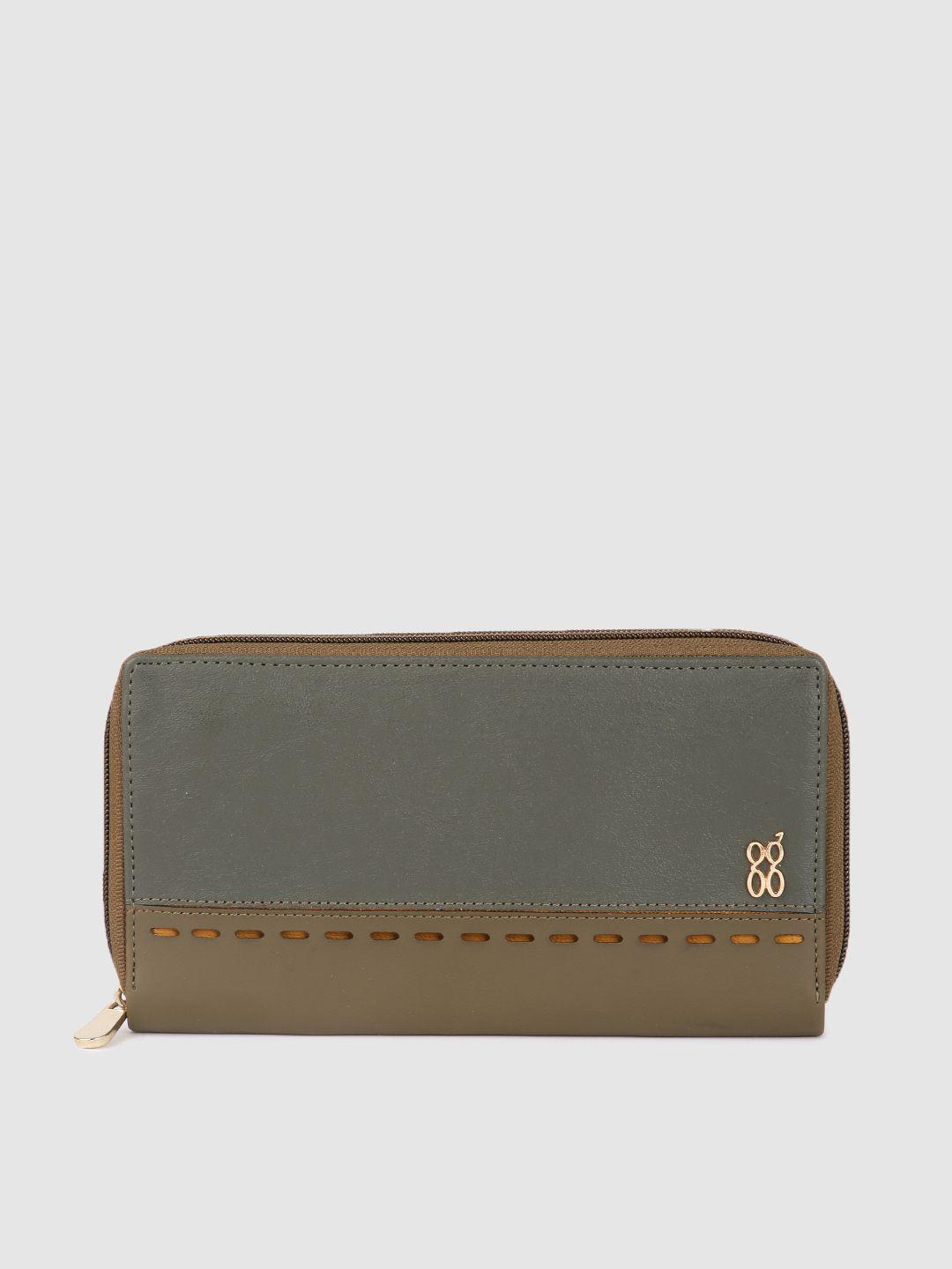 baggit women olive green & grey colourblocked zip around wallet