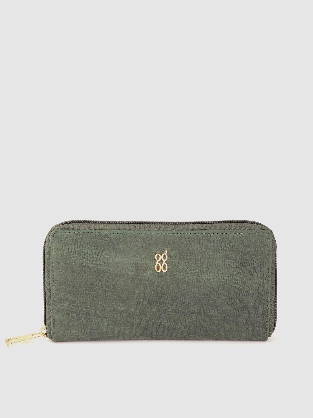 baggit women olive green snakeskin textured zip around wallet