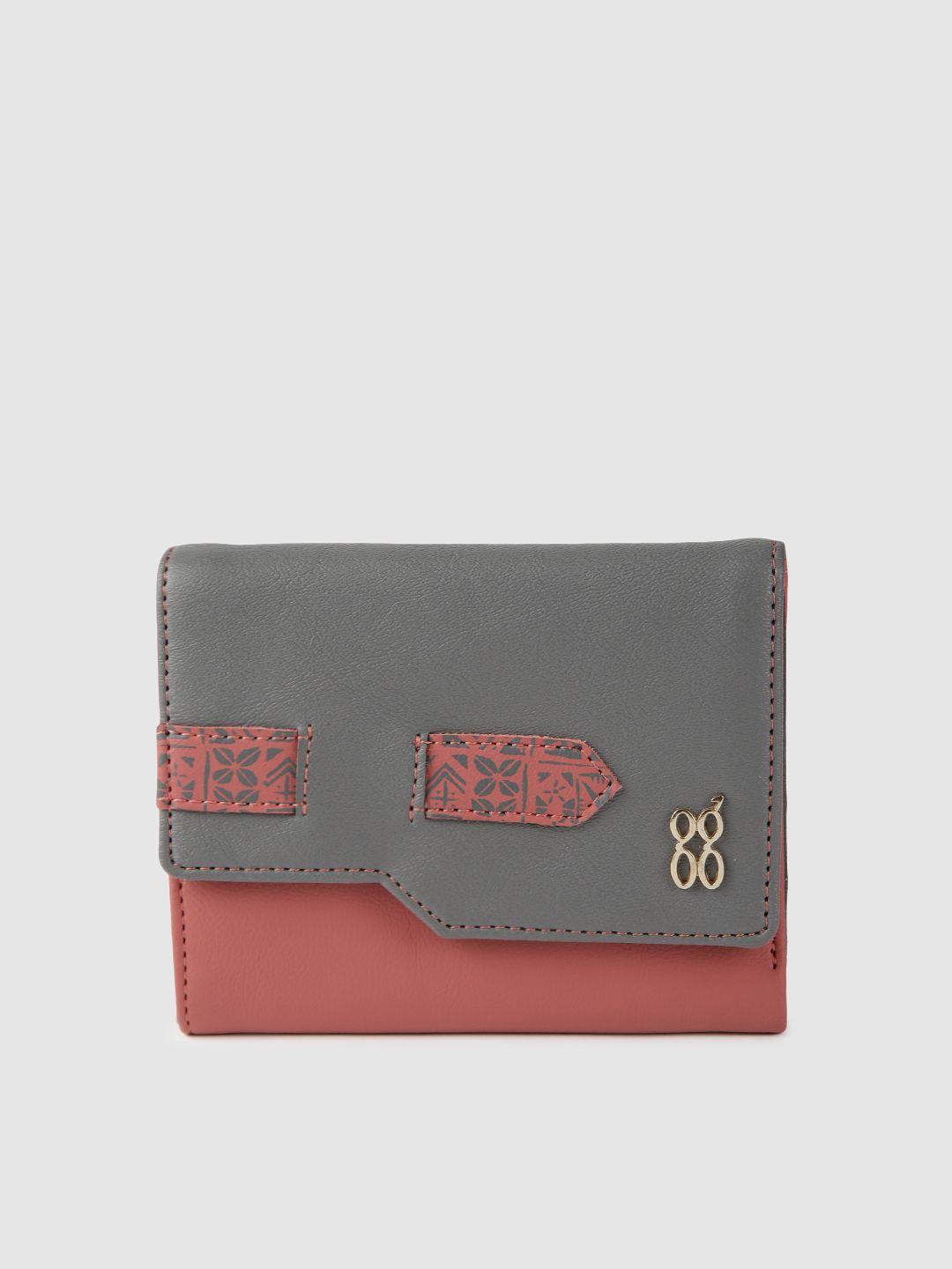 baggit women orange & grey colourblocked three fold wallet