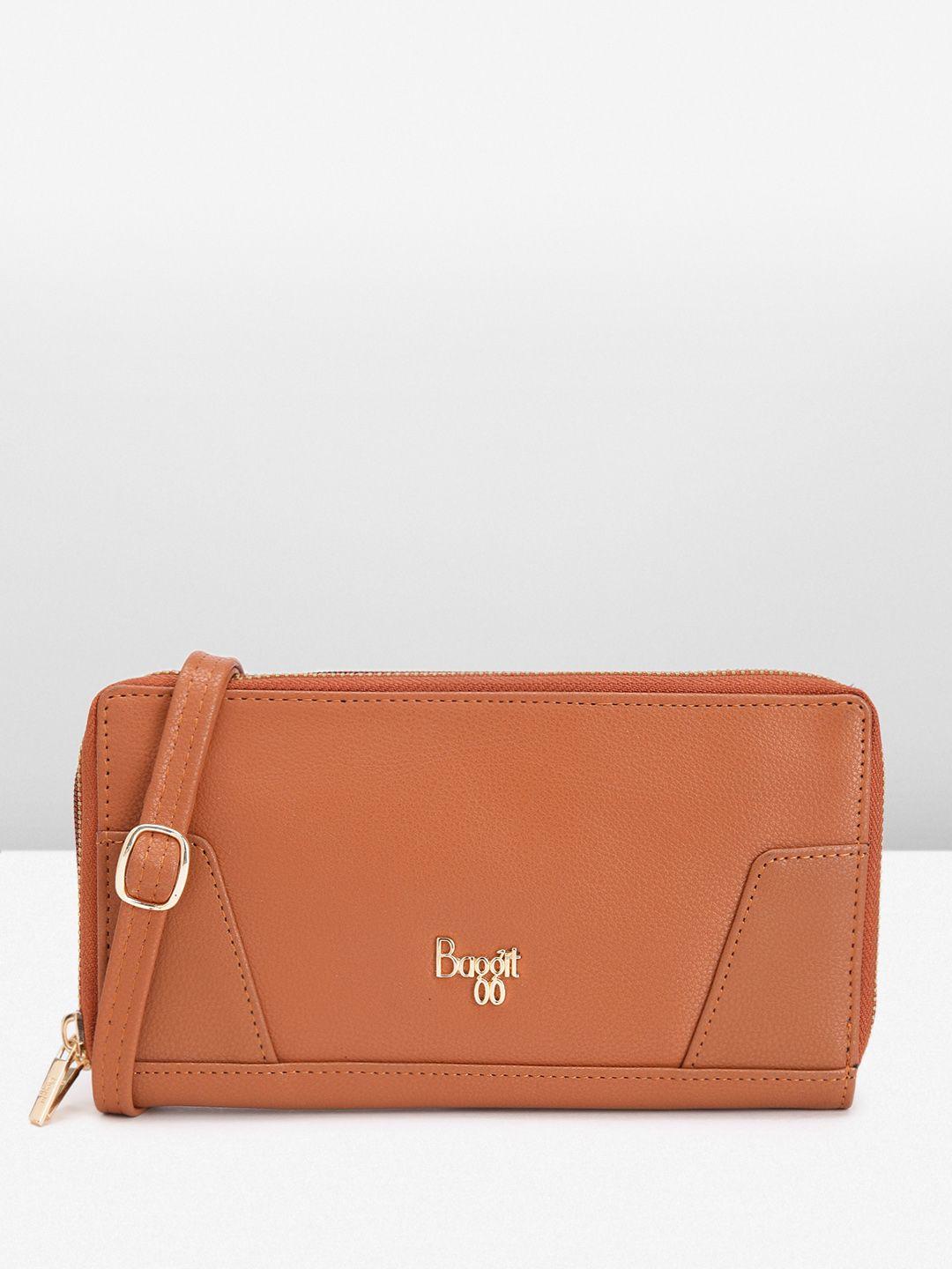 baggit women solid pu zip around wallet with sling strap