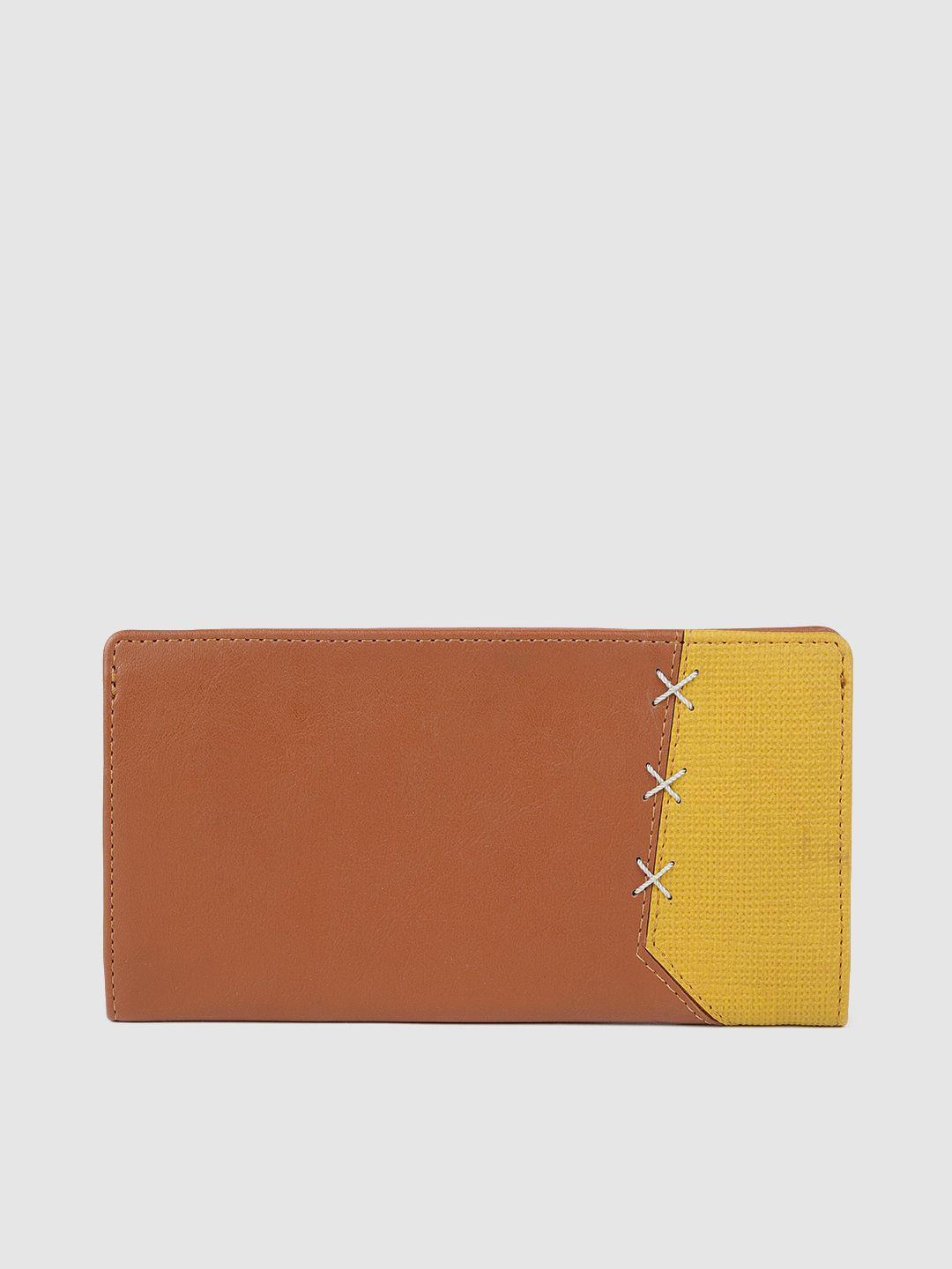 baggit women tan brown & yellow colourblocked two fold wallet