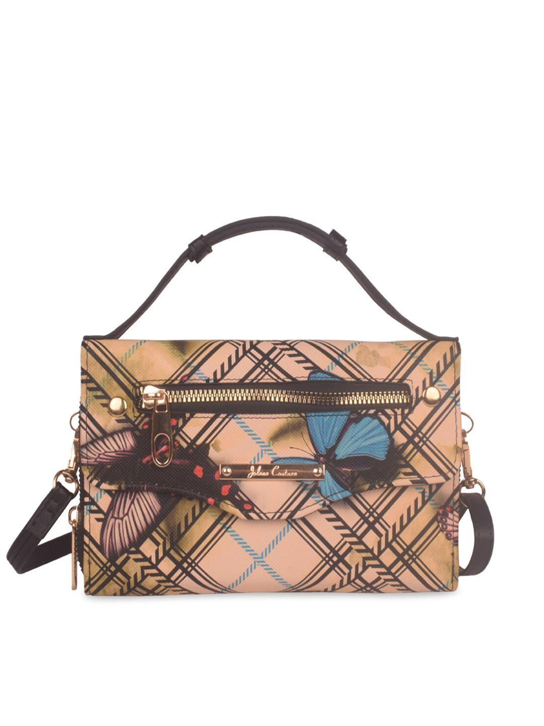 bagkok peach-coloured checked printed pu structured handheld bag