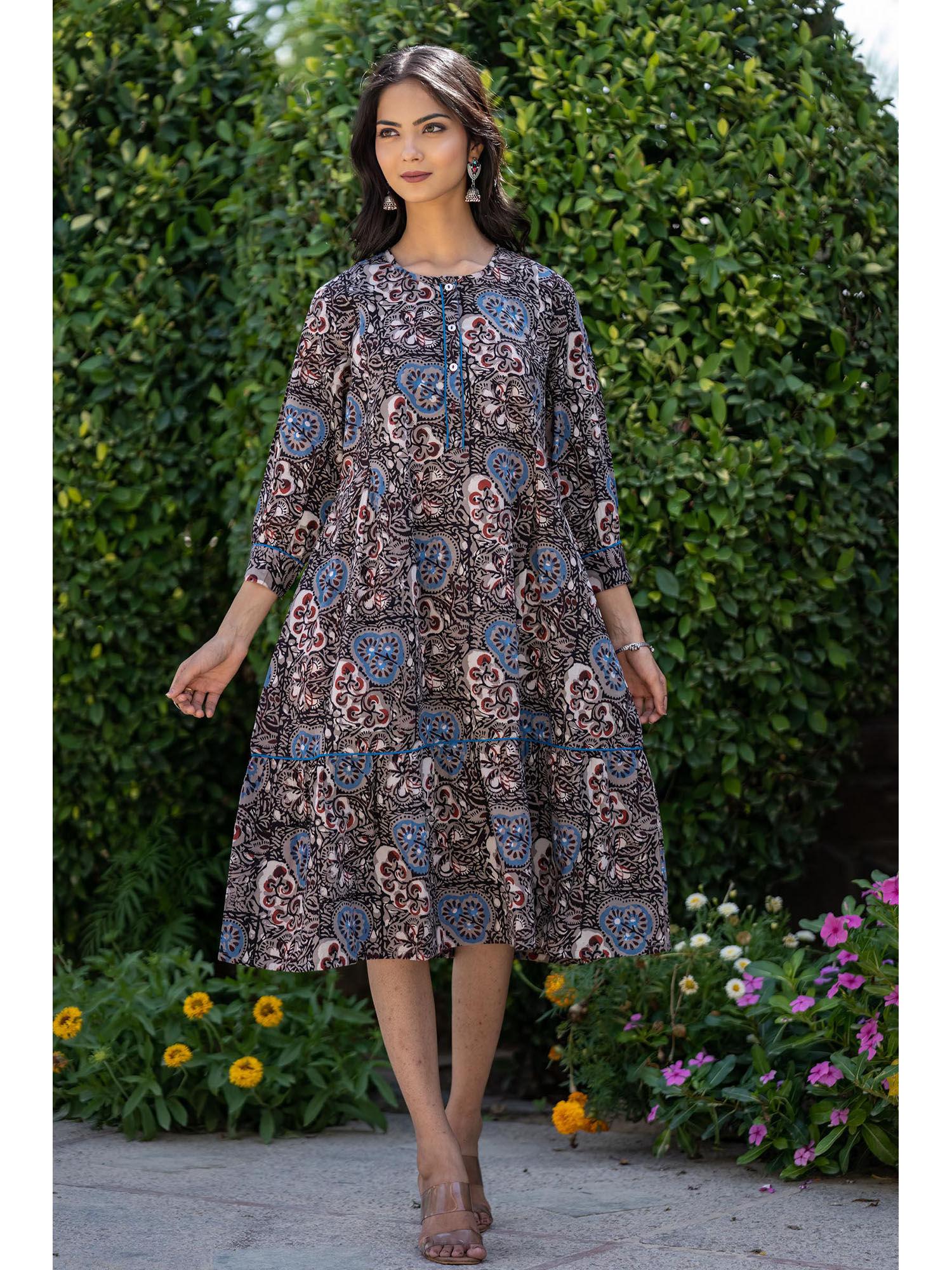 bagru grey floral printed flaired dress